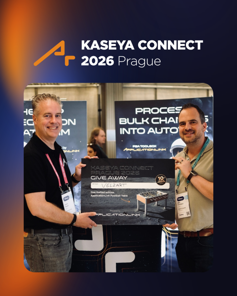 ApplicationLink presenting the Kaseya Connect Prague 2026 giveaway prize, a football table, to winner Velzart.